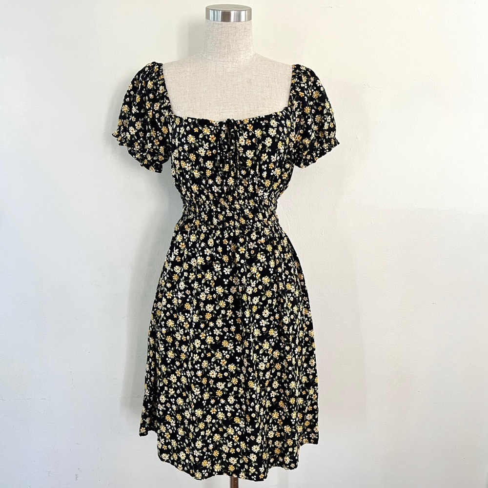 Boho Cottage Whimsical Wildflower Puff Sleeve Floral Mini Dress